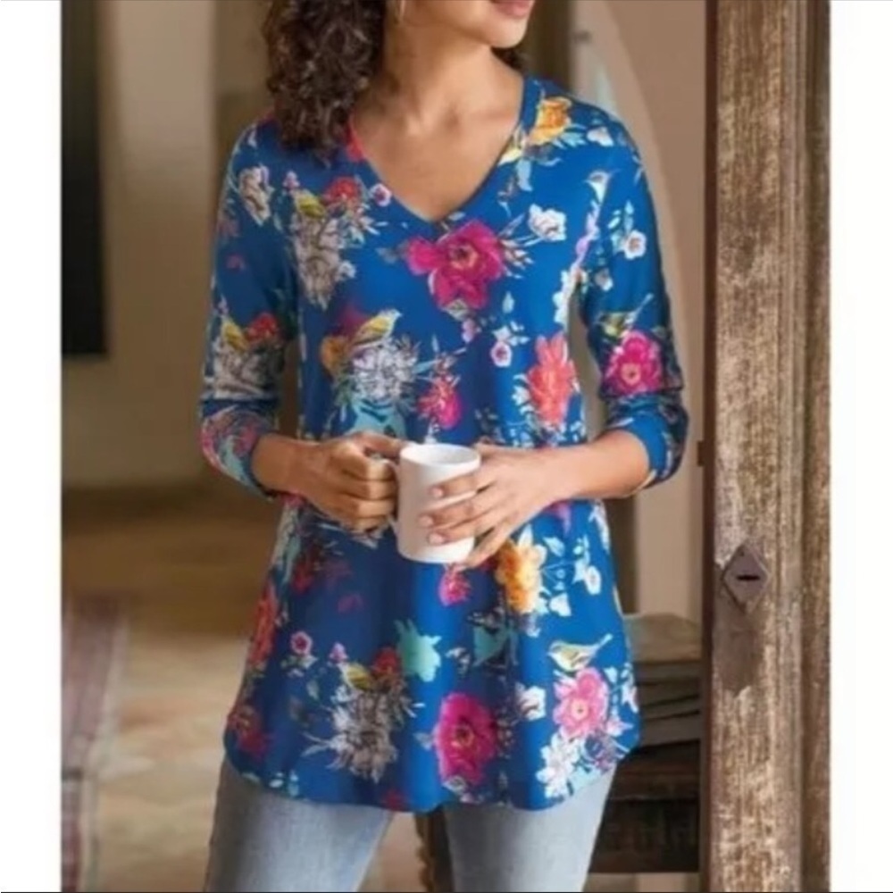 Soft Surroundings Cerulean Paradise Floral Tunic Top